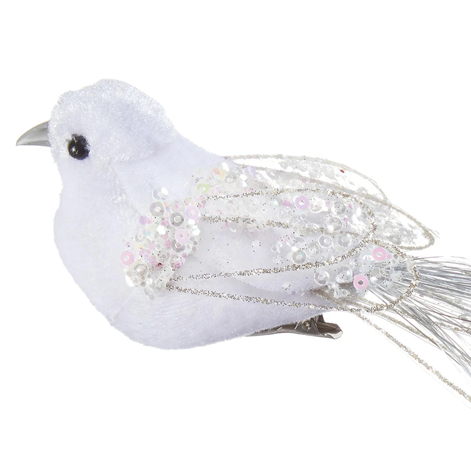 Albero di Natale Bianco Uccello con Clip Decorazione Glitter Lustrini 18cm Set 2 - Immagine 2 di 3