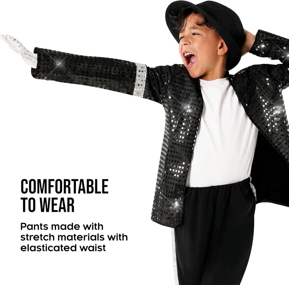 Disfraz de Rey del Pop para niños años 80 Moonwalking Popstar MJ traje negro Foto 3 de 4