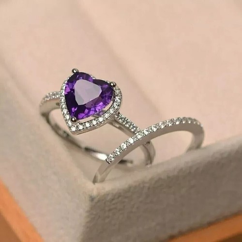 14K White Gold Plated 2Ct Heart Cut Lab Created Amethyst Women's Bridal Ring Set - Bild 3 von 5