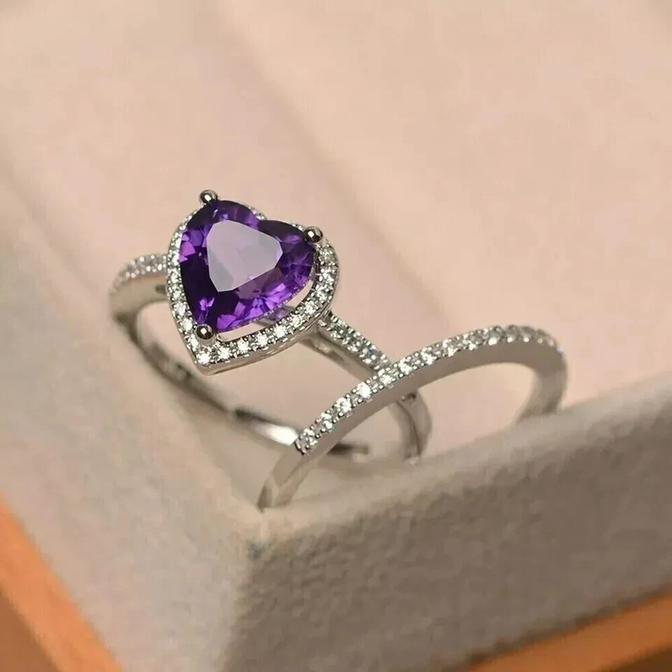 14K White Gold Plated 2Ct Heart Cut Lab Created Amethyst Women's Bridal Ring Set - Image 3 of 4