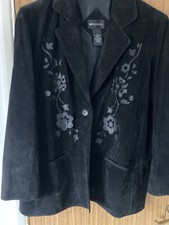 Beth Terrell Womens Suede Coat Xxxl Plus Size With Floral Leather Imprint,black