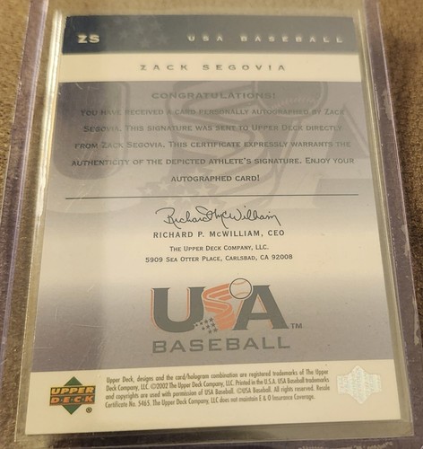 2002 Upper Deck USA Baseball Signatures Zack Segovia Auto 177/375 - Picture 5 of 5