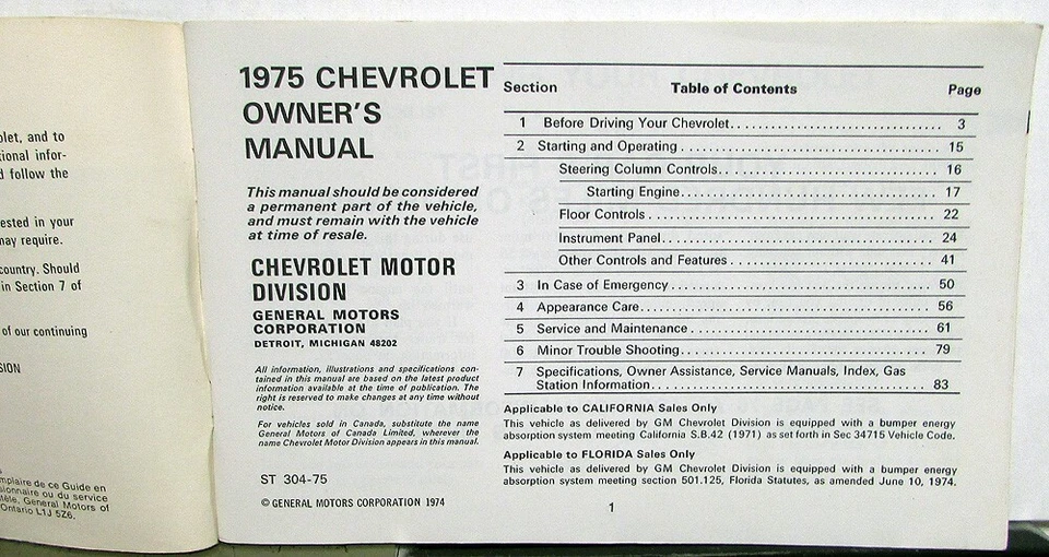 1975 Chevrolet Impala Caprice Bel Air Owners Operators Manual Original - Image 2 of 4