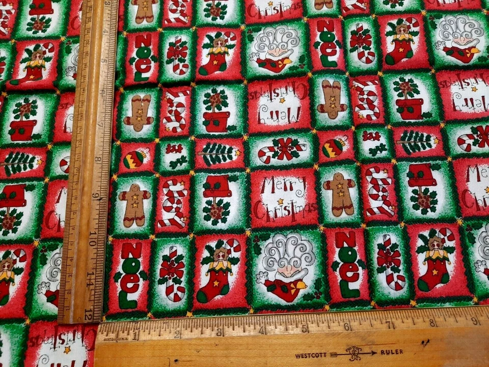 Vintage 1 Yd 'Trena's Little Bit of Xmas' Fabric Joy Gingerbread Men Santa Claus - Image 3 of 3