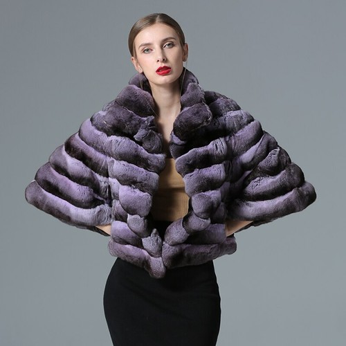 Fashion Women Real Rex Rabbit Fur Coat Lapel Short Jacket Chinchilla Fur Outwear