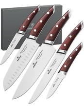 Brewin CHEFILOSOPHI Japanese Chef Knife Set 5 PCS with Elegant Red Pakkawood Han
