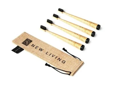 NEW LIVING Bambus Zahnbürste anthrazit mittlere Borsten, 4 Stück, runder Griff & Tragetasche
