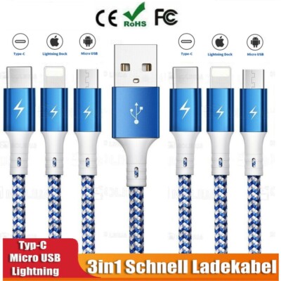 3in1 Ladekabel Multi Handy Micro USB Typ C Ladegerät Schnell für iOS Android DHL