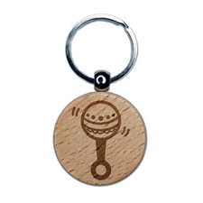 Baby Rattle Engraved Wood Round Keychain Tag Charm