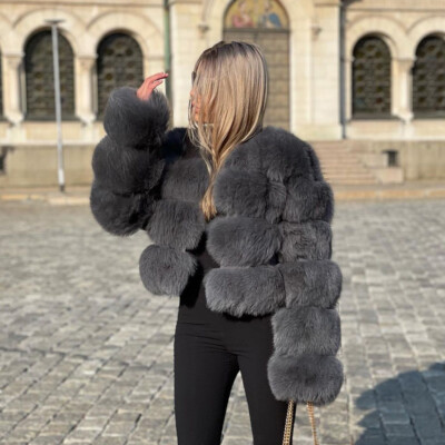 Women's Short Genuine Fox Fur Coat Winter Outwear Warm Thick