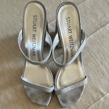 Stuart Weitzman Silver Glitter Fabric Strappy Block Heel Open Toe Slip On