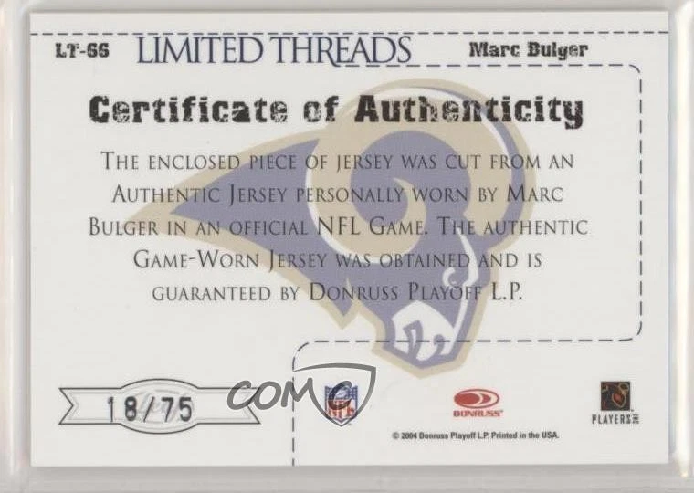 2004 Leaf Limited Limited Threads /75 Marc Bulger #LT-66 - Image 2 of 2