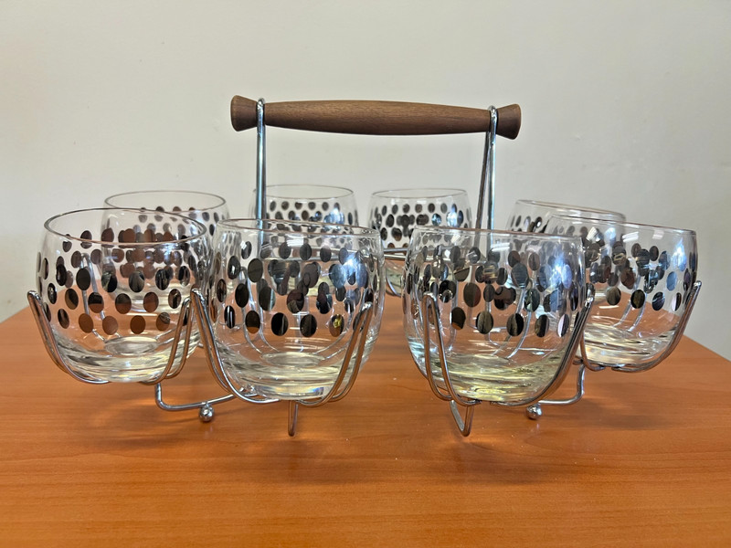 Mid Century Glass Silver Polka Dots Roly Poly Barware Set w/ Caddy MCM