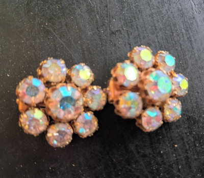 Gold Tone Aurora Borealis Crystal Rhinestone Flower Cluster Clip-On Earrings