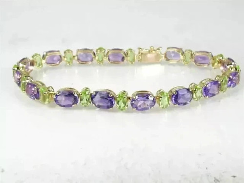 Women's Tennis Bracelet 12Ct Lab Created Amethyst Peridot 14K Yellow Gold Plated - Picture 4 of 7