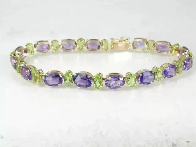 Women's Tennis Bracelet 12Ct Lab Created Amethyst Peridot 14K Yellow Gold Plated - Image 4 of 4