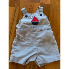Vintage Health-tex Baby Boy Blue White Pinstripe Sailboat Shortall Overalls 6M