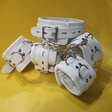 White PU Leather Handcuffs Ankle Cuffs Restraints Neck Collar Leash Whole Set