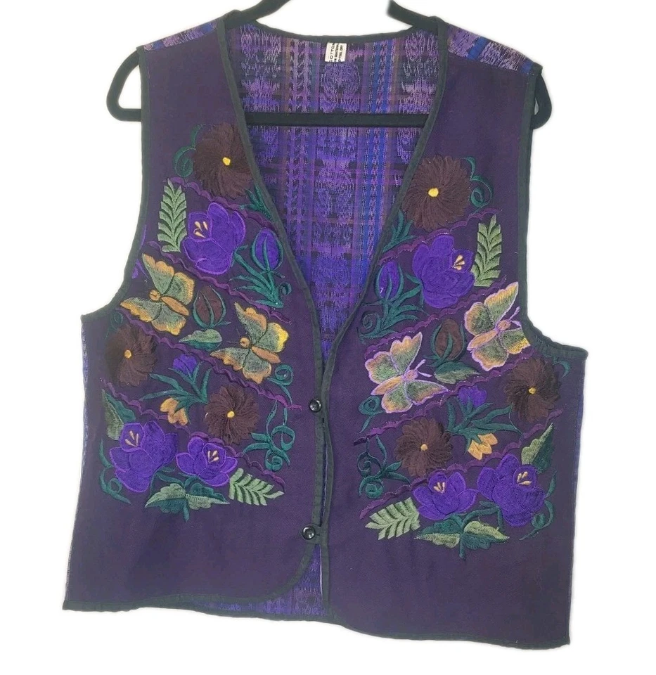 Chaleco Floral Mariposa Bordado 3D Guatemalteco Años 70 De Colección Mujer Med Púrpura Cuello en V Foto 2 de 4