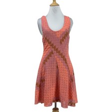 Free People Dress Womens M Medium Coral Crochet Pattern Overlay Skater Mini
