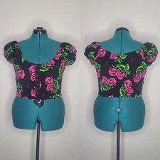 Betsey Johnson Sz L Tin Can Rose Milkmaid Snap Up Crop Top 80th Bday Floral NWT