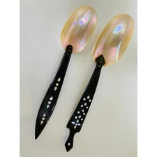 Vintage Mother of Pearl Abalone & Wood Inlay Handmade Serving Spoons Set of 2
