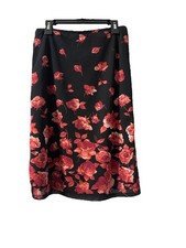 Vintage Express Rose Print Black Knee Length Layered Pull On Skirt Sz S 90s Y2K