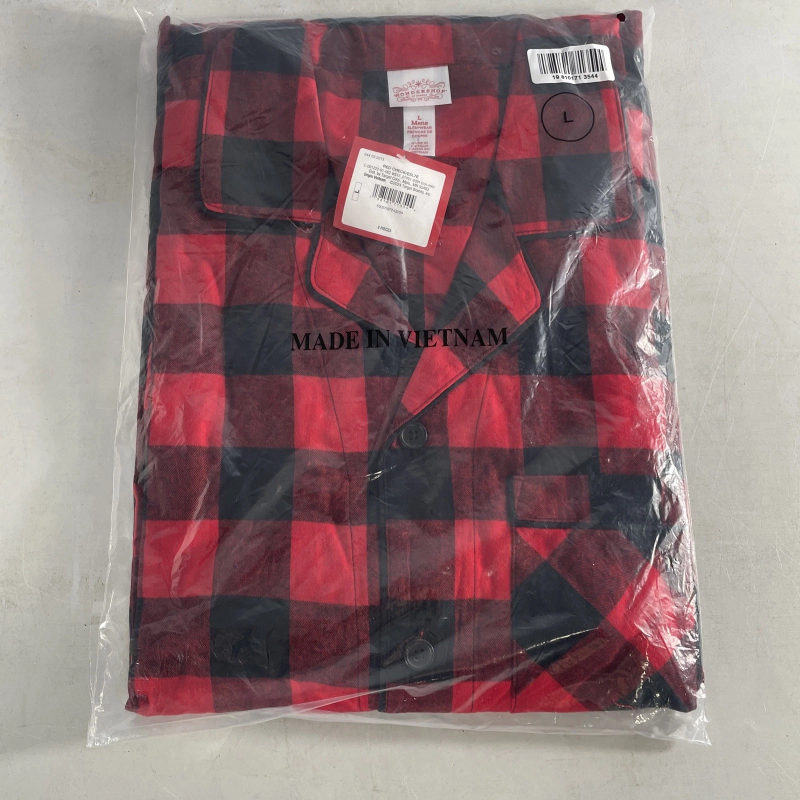 Wondershop Mens Large Red Flannel Plaid Pajamas 2pc Set Button Up Top With Pants