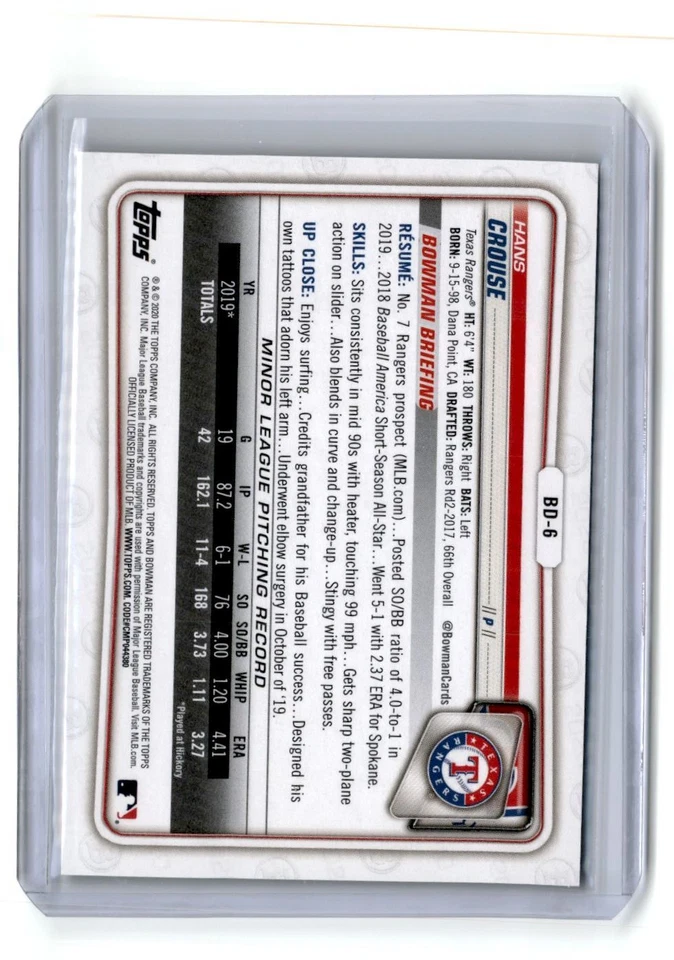2020 Bowman Draft 1st Edition Gold Hans Crouse 43/50 Texas Rangers #BD-6 - Image 2 of 2