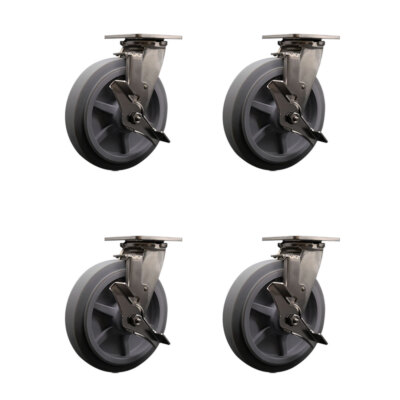 8 Inch 316SS Thermo Rubber Flat Tread Swivel Caster Set w/Ball Bearings & Brakes