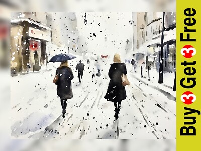 Snowy City Street 5''x7'' Druck auf mattem Papier | Winter City Walkers in Paris