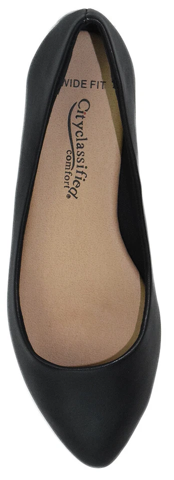 Zapato plano CityClassified para mujer ajuste ancho punta puntiaguda negro imitación cuero SUJETAR Foto 3 de 3