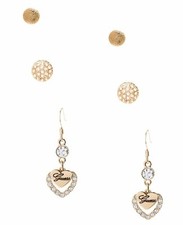 NEW SET OF 3 GUESS GOLD TONE STUDS SHIMMER HEART CRYSTALS EARRINGS