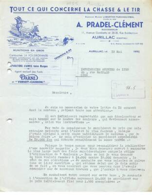Invoice AM24071 Aurillac 1955 Pradel-Clément Hunt Shoot Darne Verney-Carron