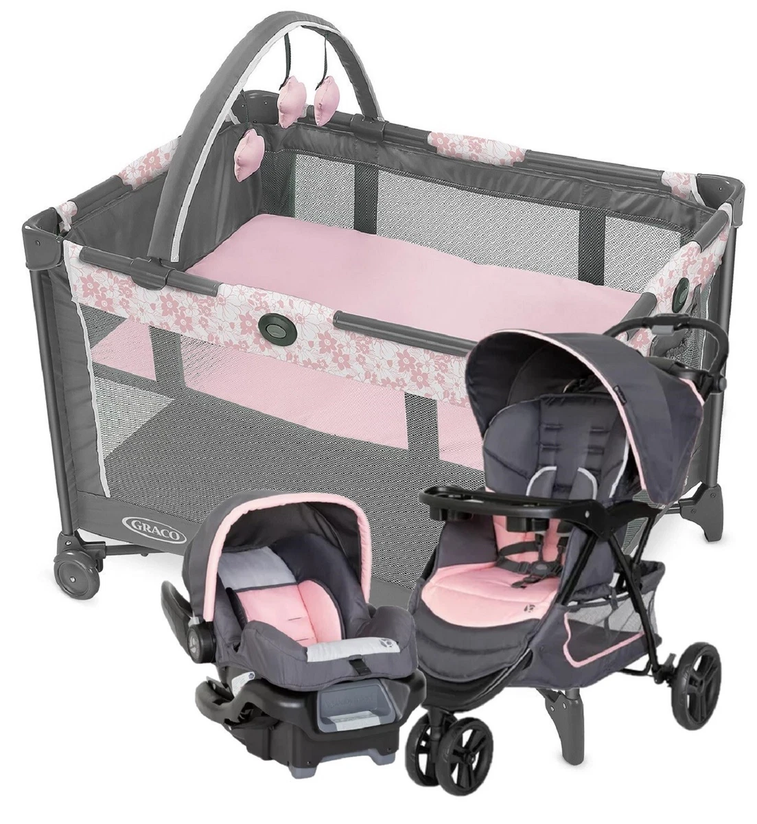 Baby Girl Pink Stroller Combo With Car Seat Playard Flower Travel System Set