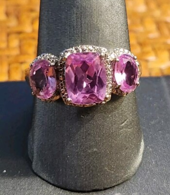 Signed STS KARIS Pink Faceted Glass Stone Clear Rhinestone Silver Ring Size 10.5
