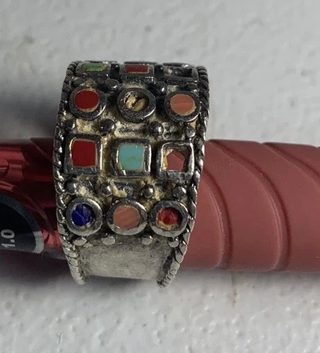 Vtg Stering Silver Mutli Colored Enamel Stones