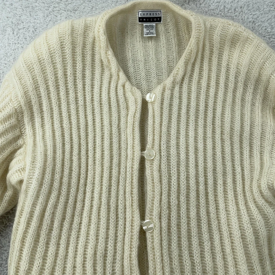 Cárdigan Suéter Vintage Express Tricot Mezcla Mohair Mujer Pequeño Marfil Acanalado Foto 2 de 4