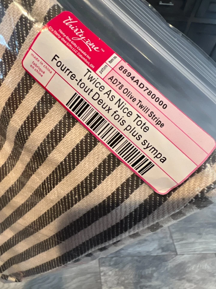 Thirty One Twice as Nice Tote Olive Twill Stripe AD78 Wine Pocket NWT Bag Purse - Image 2 of 4