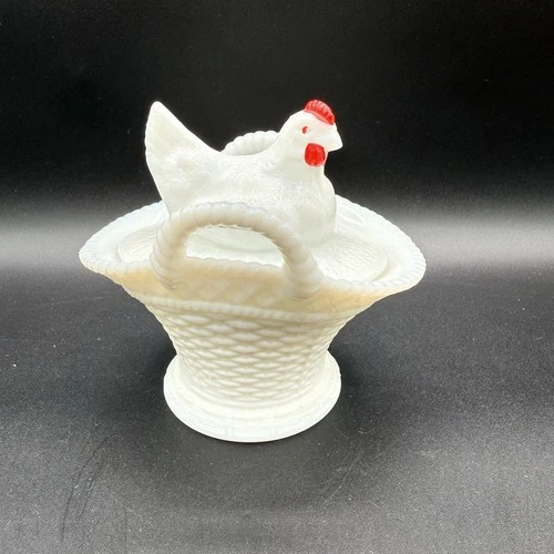 Vintage Westmoreland White Milk Glass Hen on Nest Handled Basket