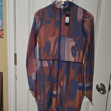 Fashion Nova Hadley Mesh Mini Dress M Blue/Orange Sheer Long Sleeve Zip D10314B