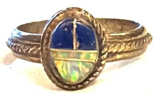 Vtg NAVAJO STERLING SILVER LAPIS FIRE OPAL INLAY RING SZ 7