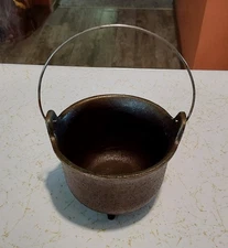 MINIATURE CAST IRON KETTLE POT CAULDRON MARKED J.W.  (3" x 4")