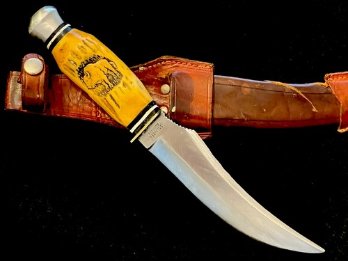 Vintage German Bowie Knife Solingen Germany  Buffalo Staglon Carved Handle Used