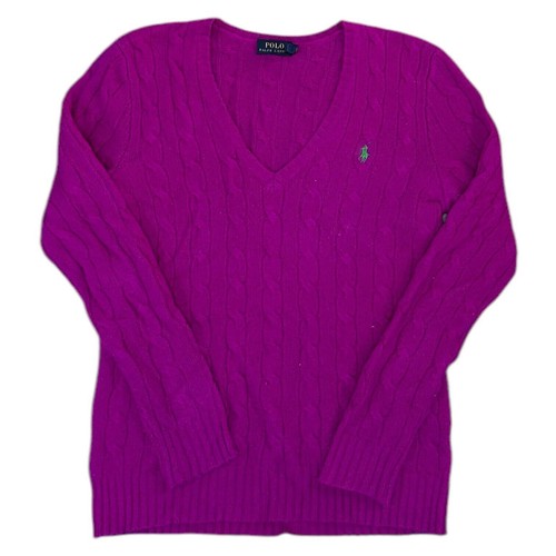 Polo Ralph Lauren Knit Jumper V-Neck Wool Cashmere Cable Sweater Womens Small - Picture 1 of 8