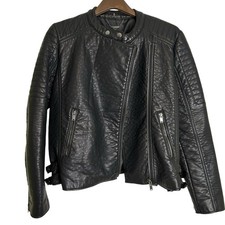 MNG Womens Faux Leather Racer Moto Jacket Large Black Band Collar Punk Grunge