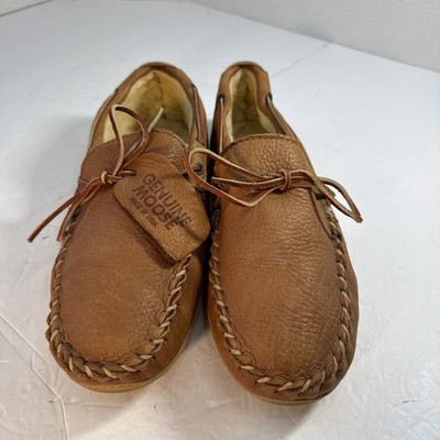 Adirondack Brown Moose Leather Loafer Shoes Moccasins Stitched Men s 13 Fleece