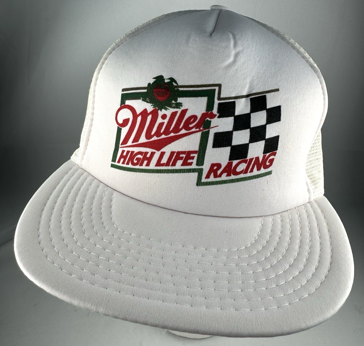 1990s Vintage Miller High Life Racing Foam Meshback Trucker Hat Snapback Cap vtg