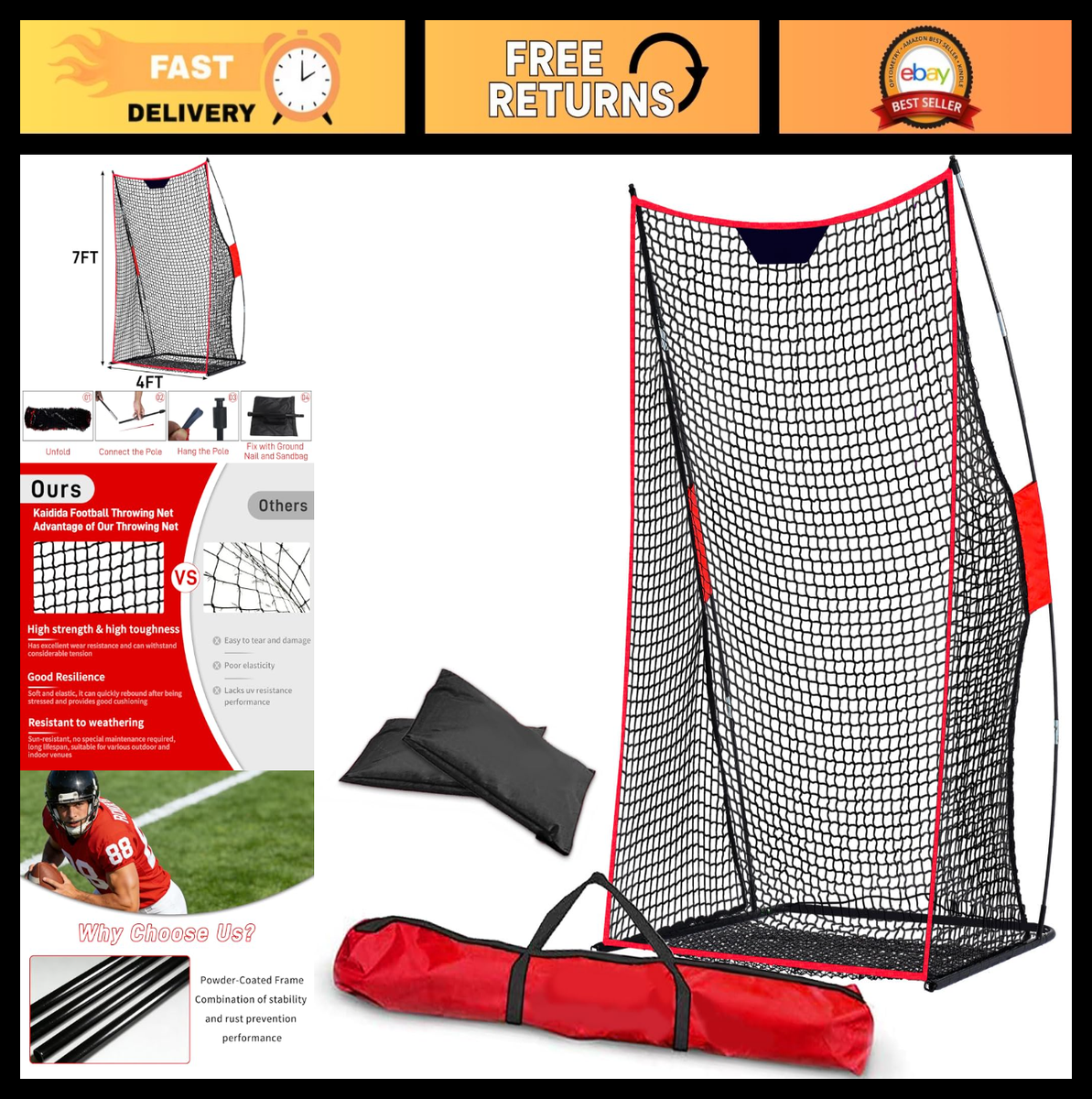 Football Throwing Net 7x4FT Foldable Target Training Game for