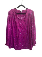 Ava Viv Top Womens Plus 1X Pink Bishop Sleeve Tassels Birds Boho Cottage #5769